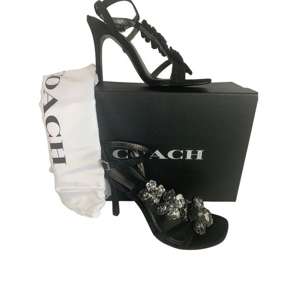 7.5B Coach Bianca Sandal Leather Paillettes Heeled Sandals Black 4" Heel G3169 - Picture 3 of 9